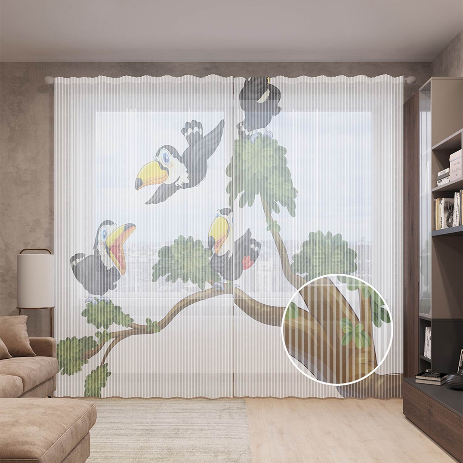 

Тюль вуаль на шторной ленте с принтом JoyArty "Пеликаны на ветке", 310х265 см, Пеликаны на ветке