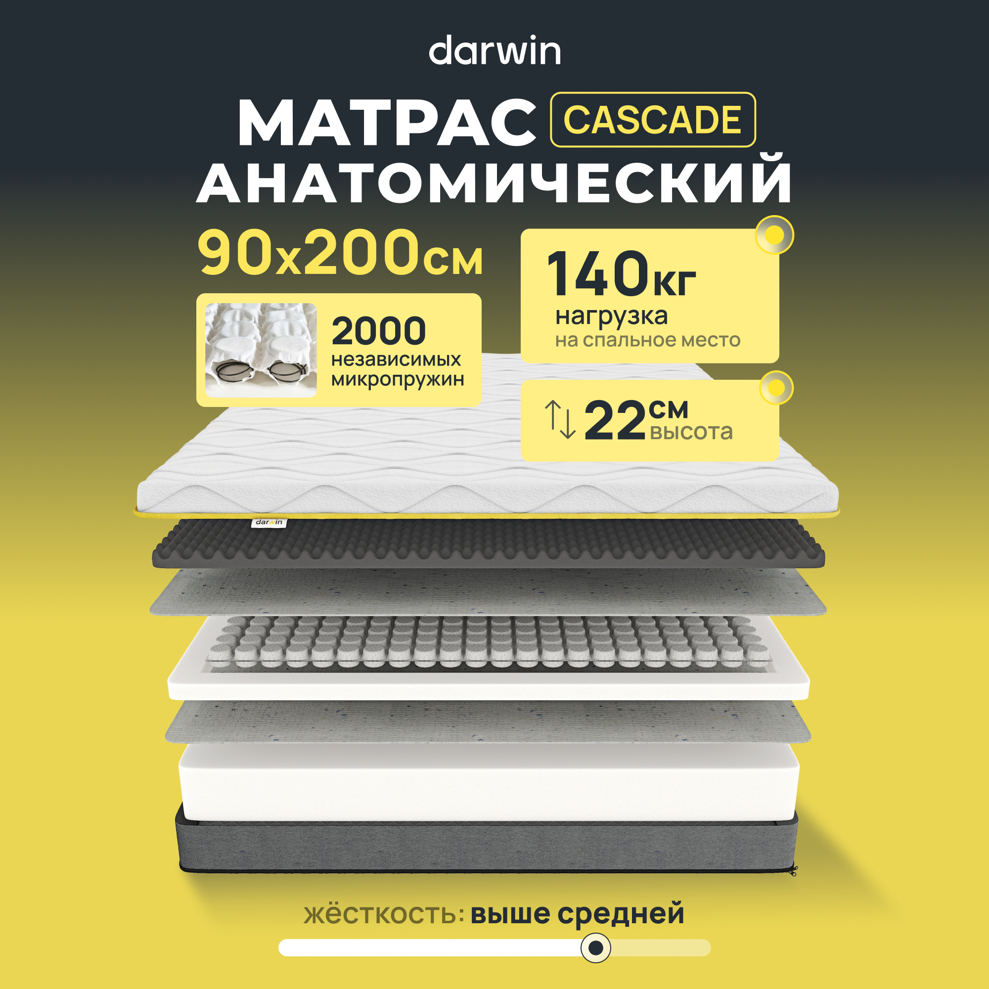 Ортопедический Матрас Darwin Cascade 90х200, независимые пружины, 22 см высота, белый