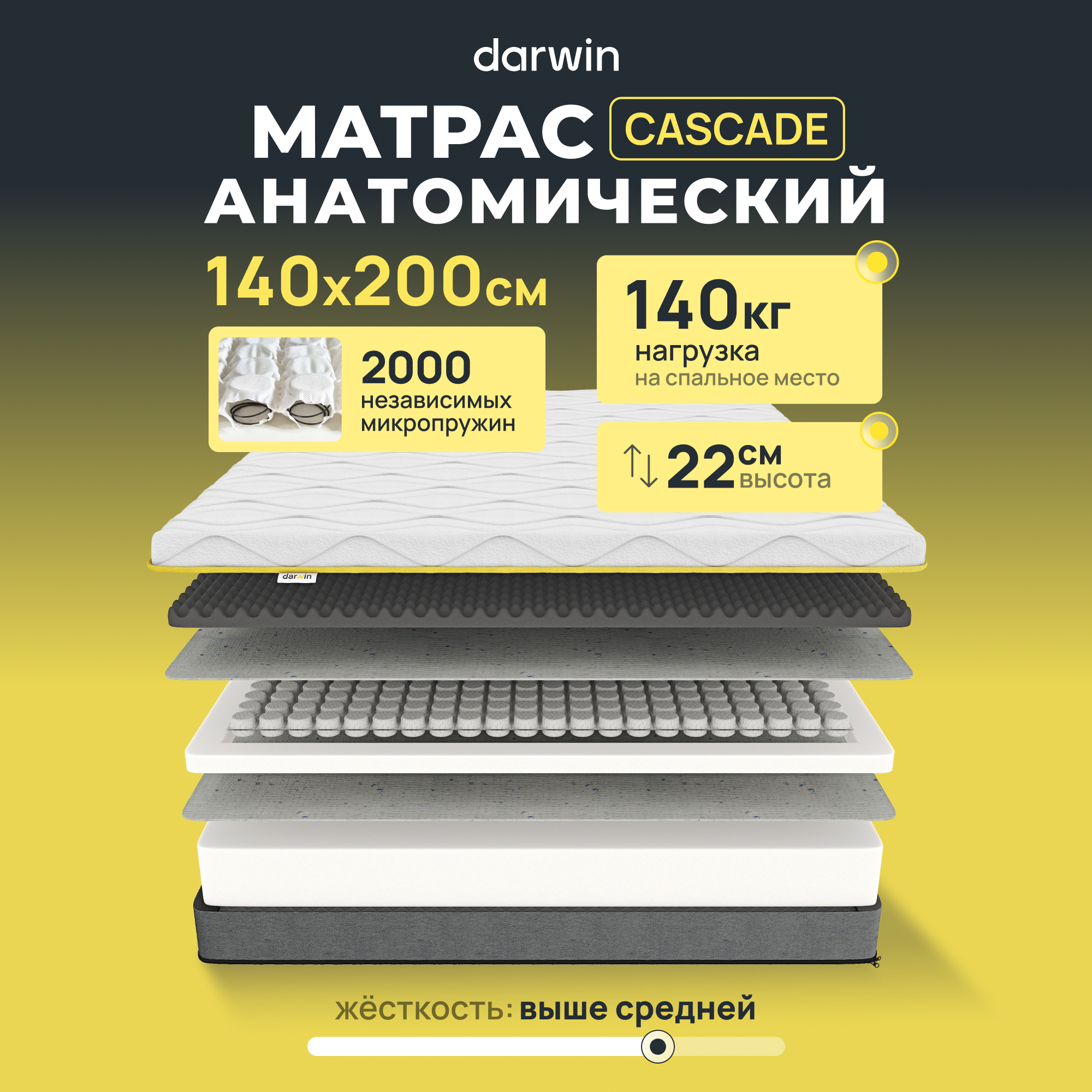 Ортопедический Матрас Darwin Cascade 140х200, независимые пружины, 22 см высота, белый