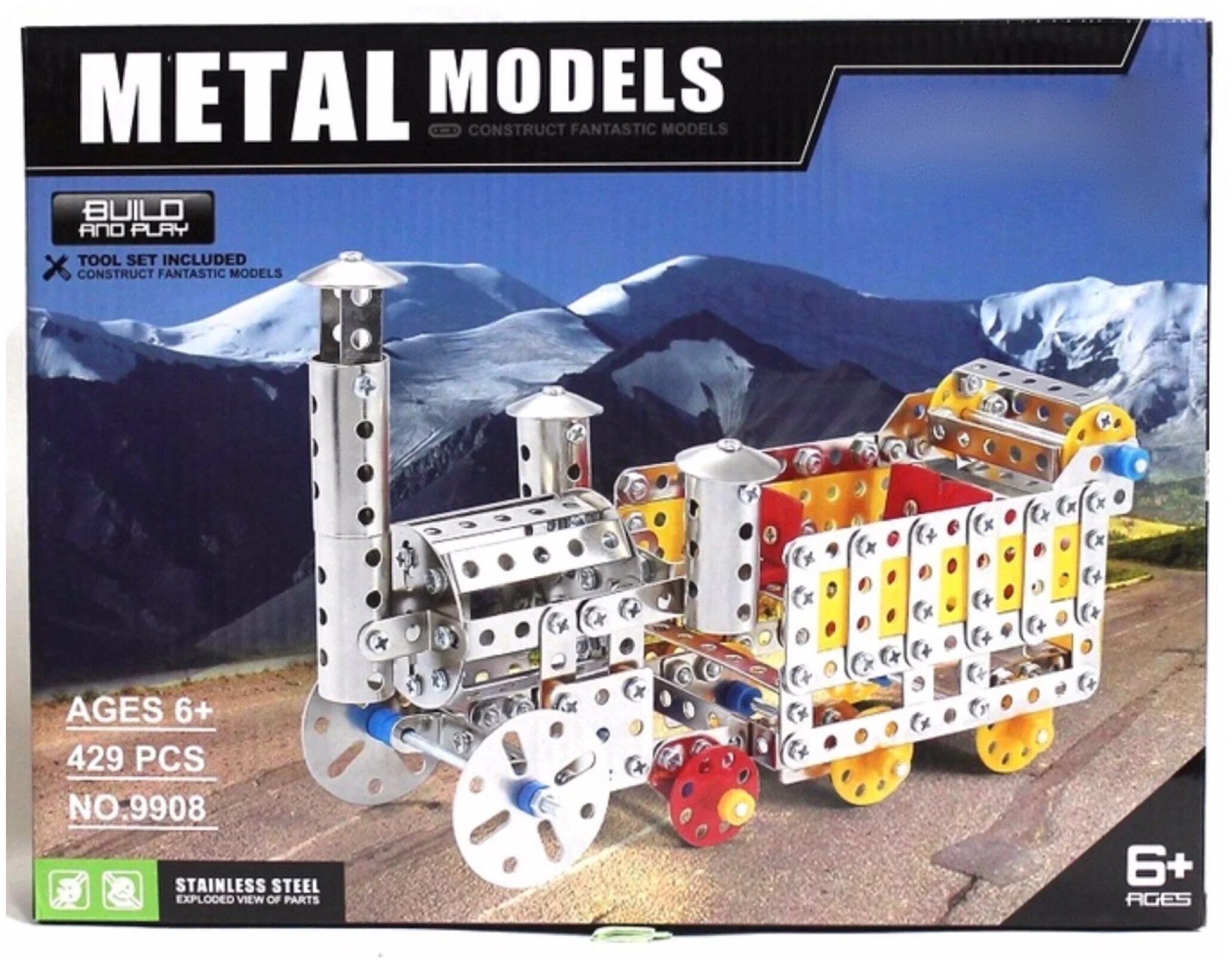 Конструктор металлический, паровоз / Metal model / 9908, 429 деталей