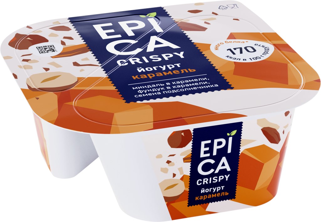 фото Йогурт epica crispy с карамелью и орехами 10,2% бзмж 140 г