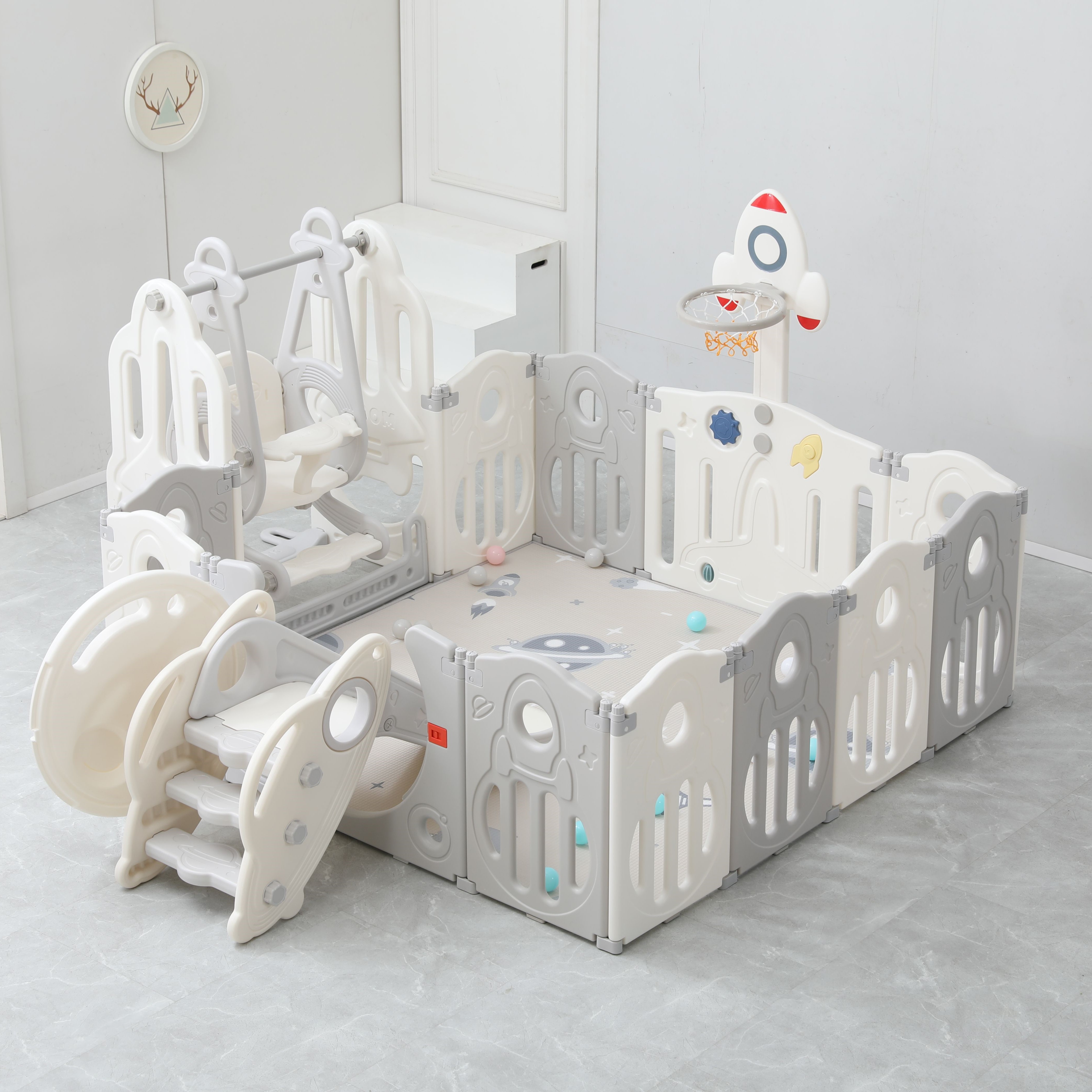 Большой детский игровой манеж комплекс с качелями UNIX Kids SUPREME Space 160x160 Grey 33890₽