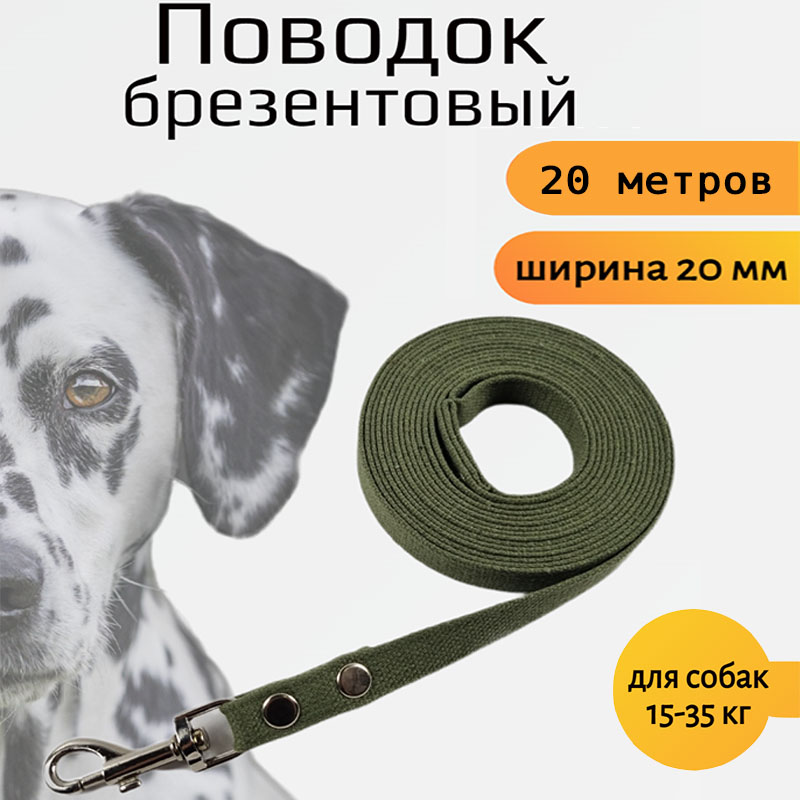 Поводок для собак Хвостатыч с карабином, брезент, зеленый, 20 м х 20 мм