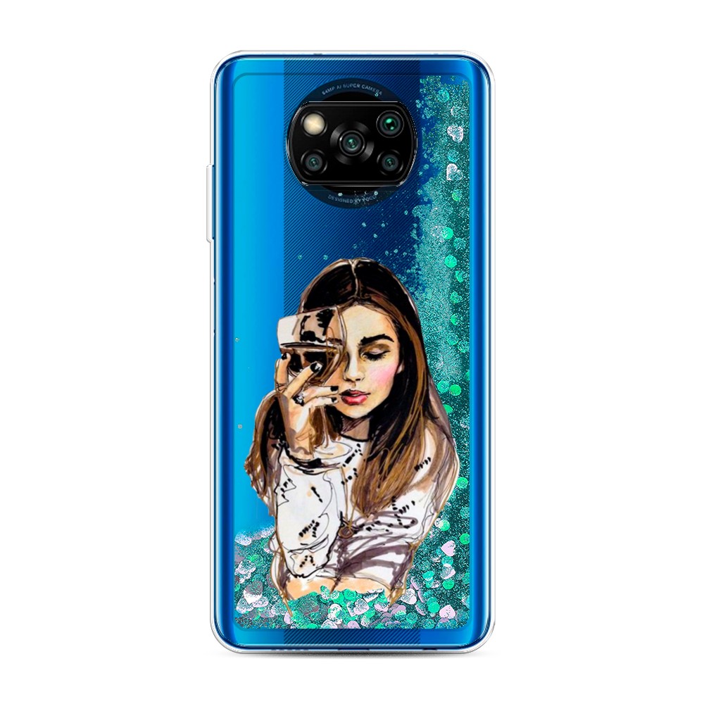 

Жидкий чехол с блестками "Девушка с бокалом" на Xiaomi Poco X3 NFC, 39295-1