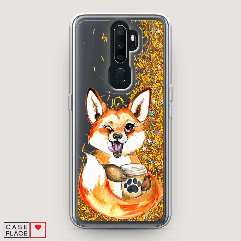 

Жидкий чехол с блестками "Подмигивающая лиса с кофе" на Oppo A9 (2020), 251990-1