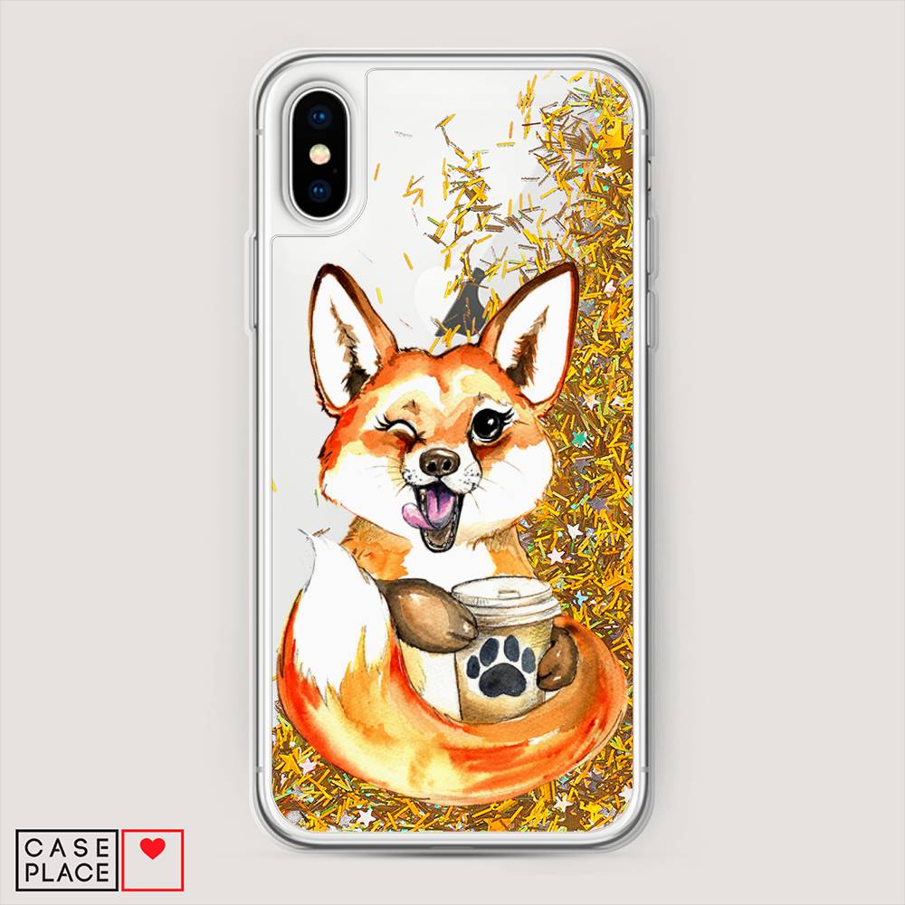 

Жидкий чехол с блестками "Подмигивающая лиса с кофе" на Apple iPhone XS Max (10S Max), 11990-1
