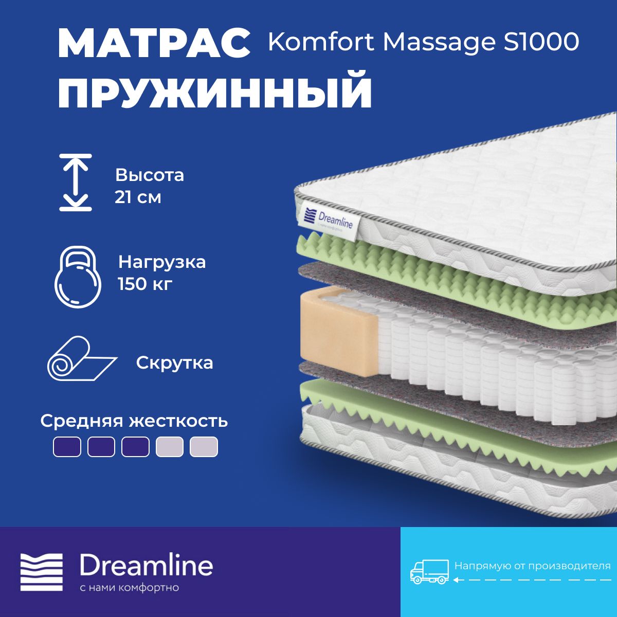 

Матрас Dreamline Komfort Massage S-1000 (х/б жаккард) независимые пружины 180x200 см, Белый, Komfort Massage S-1000