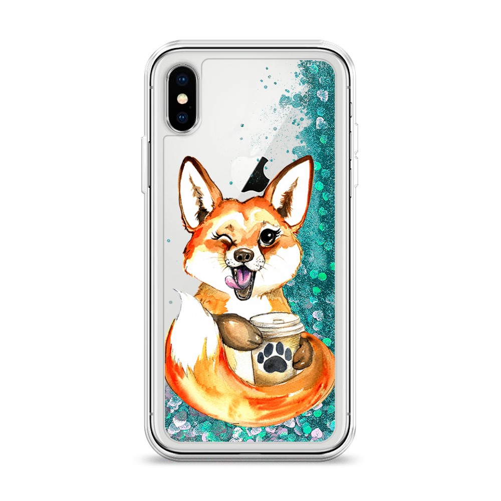 

Жидкий чехол с блестками "Подмигивающая лиса с кофе" на Apple iPhone XS (10S), 11895-1