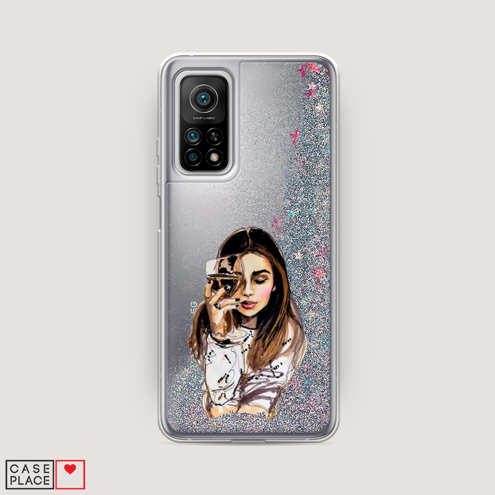 

Жидкий чехол с блестками "Девушка с бокалом" на Xiaomi Mi 10T
