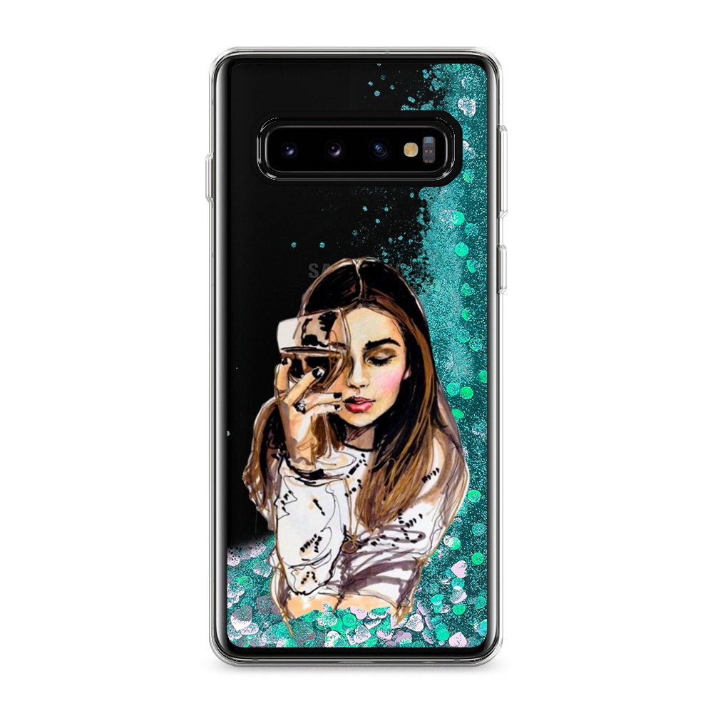 

Жидкий чехол с блестками "Девушка с бокалом" на Samsung Galaxy S10, 27095-1