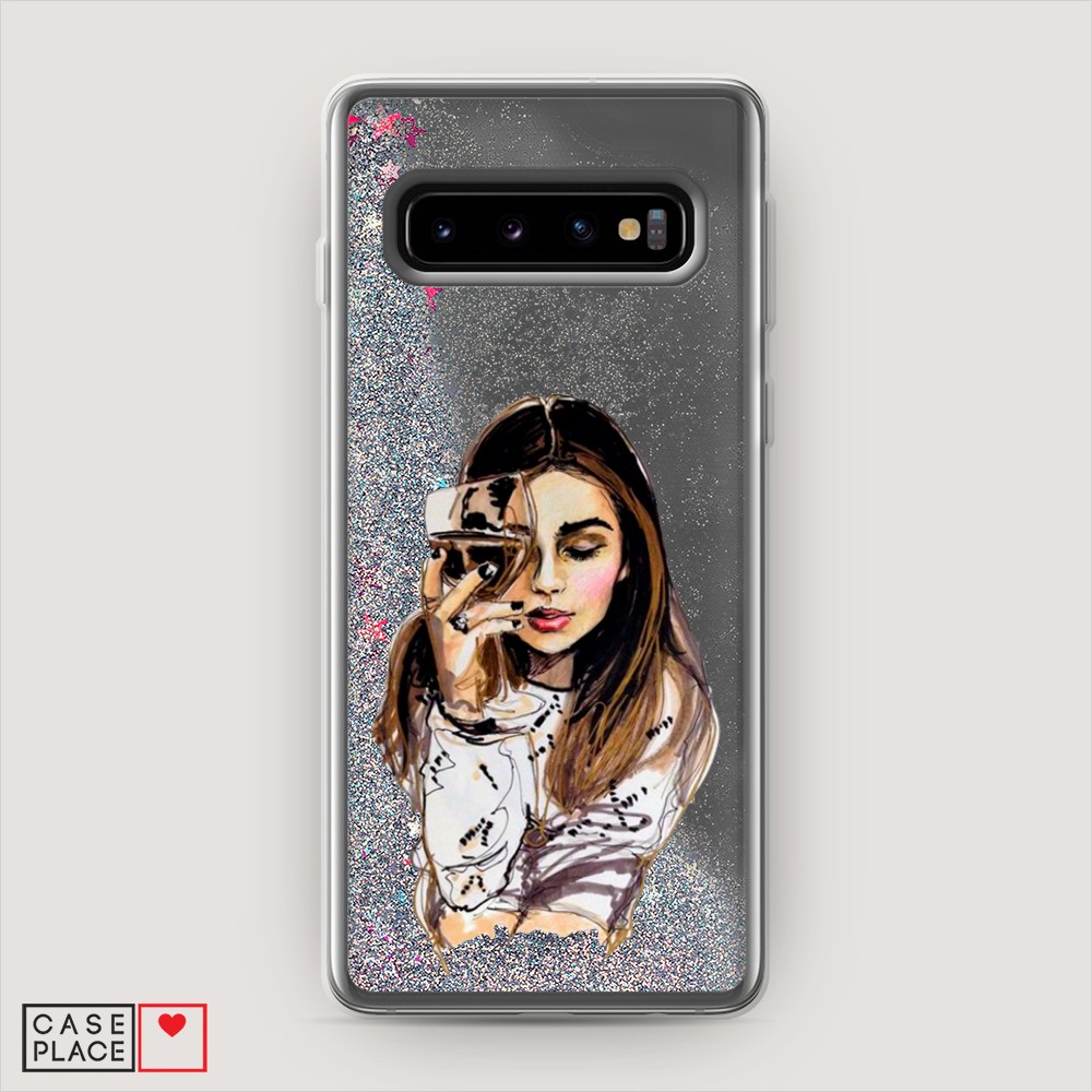 

Жидкий чехол с блестками "Девушка с бокалом" на Samsung Galaxy S10, 27091-1