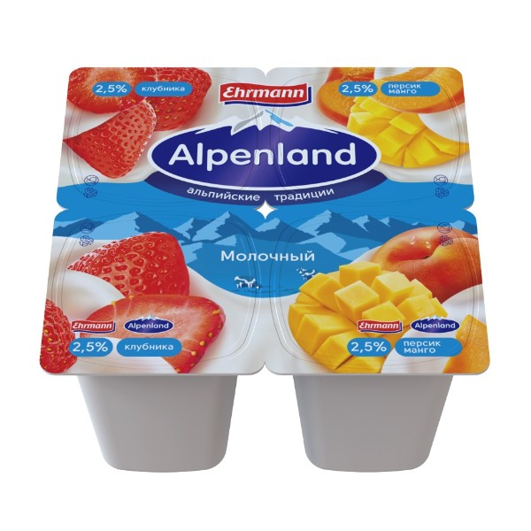 Йогуртный продукт Alpenland клубника-персик-манго, 2,5%, 95 г