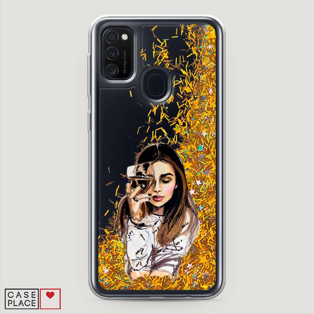 

Жидкий чехол с блестками "Девушка с бокалом" на Samsung Galaxy M30s, 29890-1