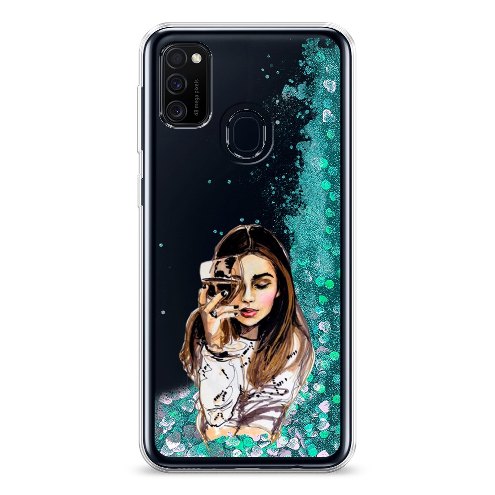 

Жидкий чехол с блестками "Девушка с бокалом" на Samsung Galaxy M21, 29795-1