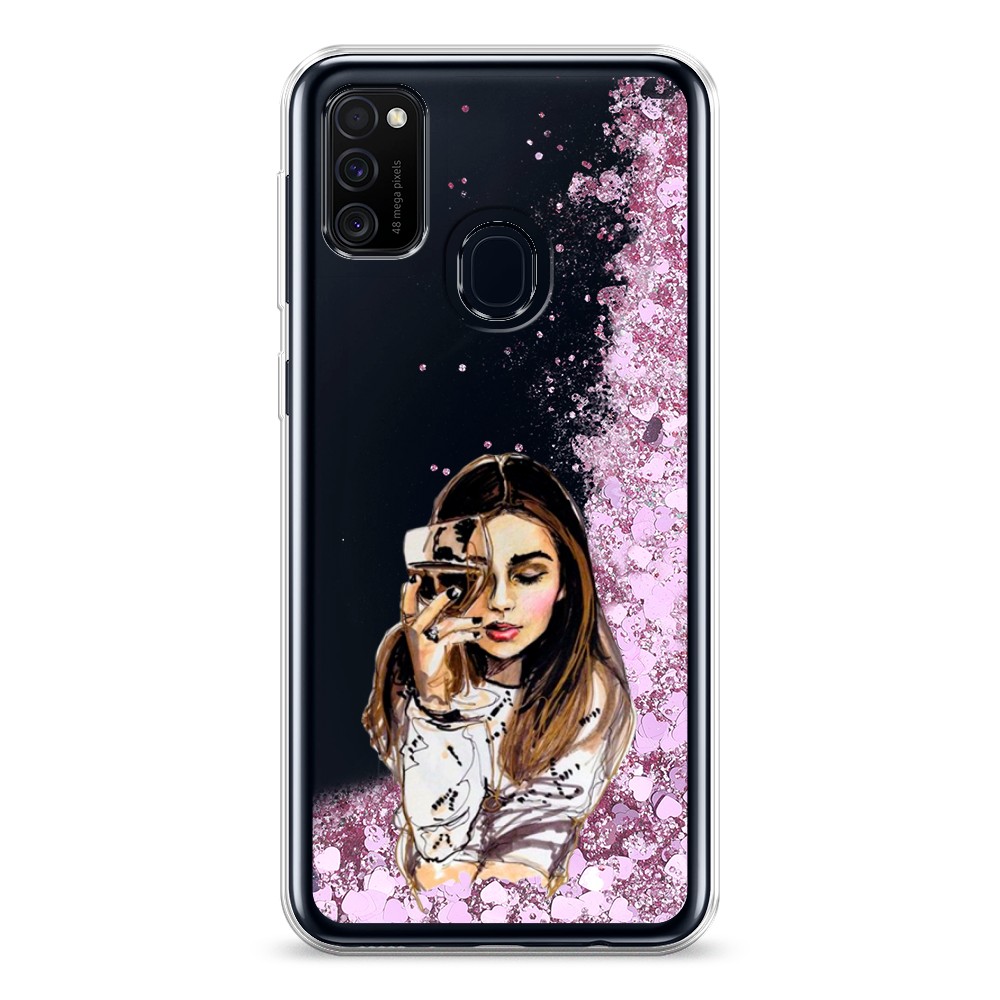 

Жидкий чехол с блестками "Девушка с бокалом" на Samsung Galaxy M21, 29794-1