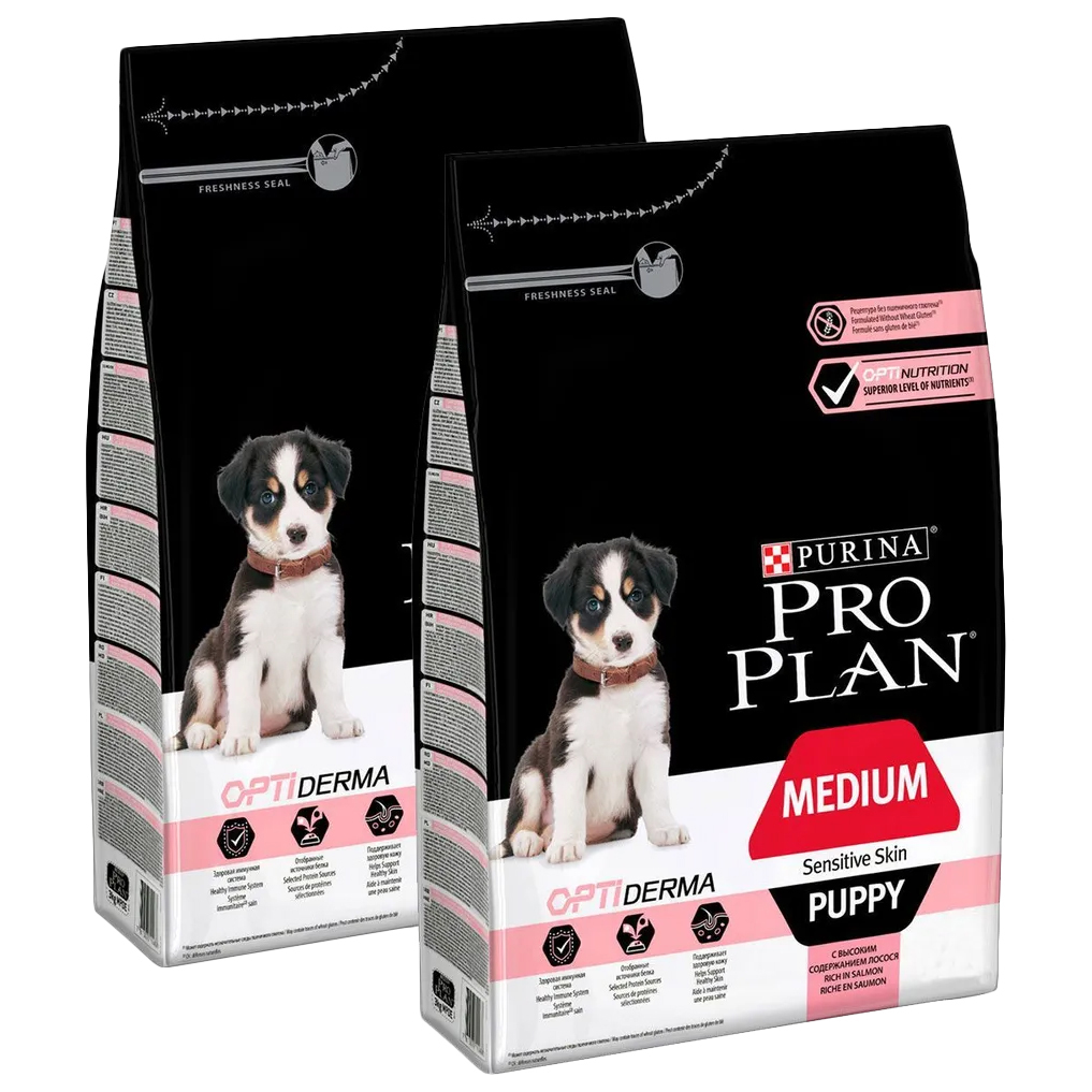 

Сухой корм для щенков Pro Plan OptiDerma Medium Puppy Sensitive Skin лосось, 2 шт по 3 кг
