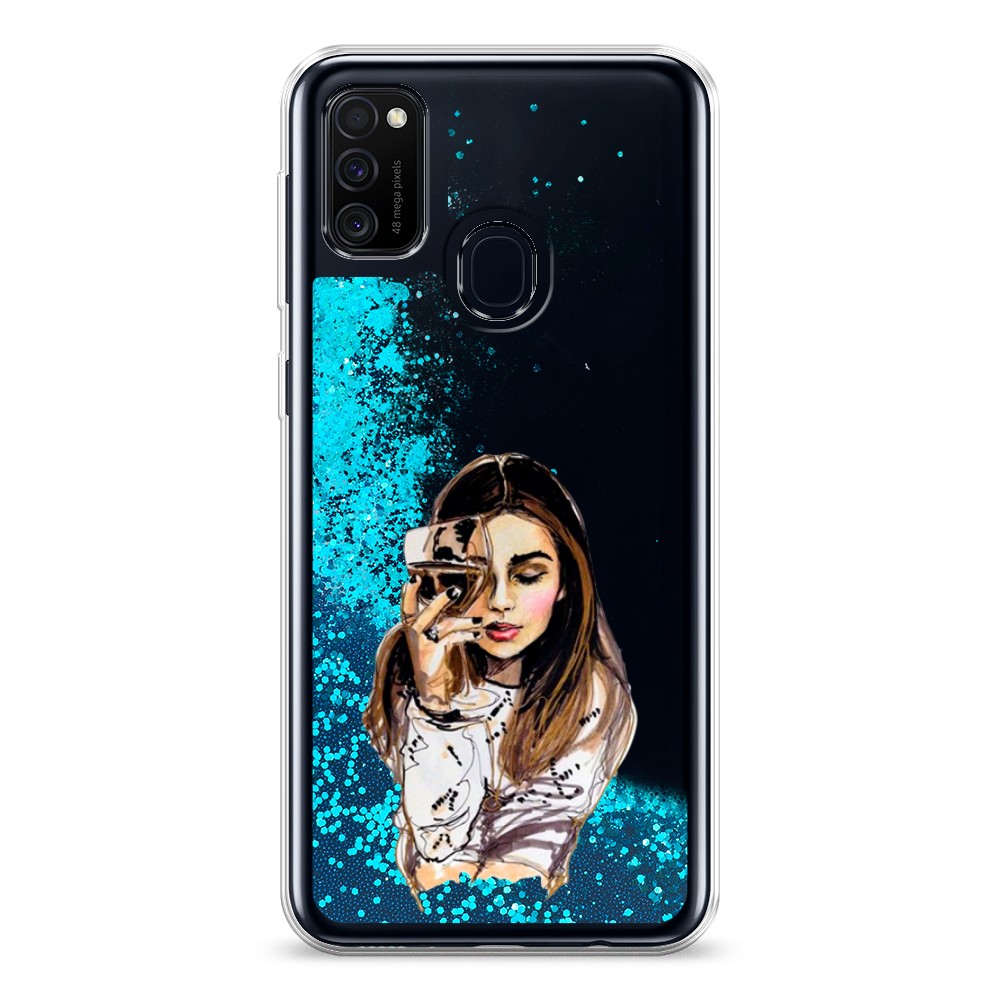 

Жидкий чехол с блестками "Девушка с бокалом" на Samsung Galaxy M21, 29793-1