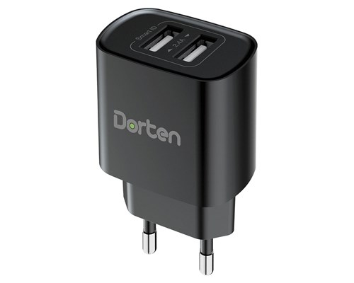фото Сетевое зарядное устройство dorten 2-port usb smart id wall quick charger 12w 2.4a black