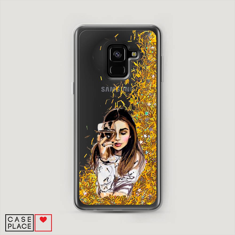 

Жидкий чехол с блестками "Девушка с бокалом" на Samsung Galaxy A8 2018