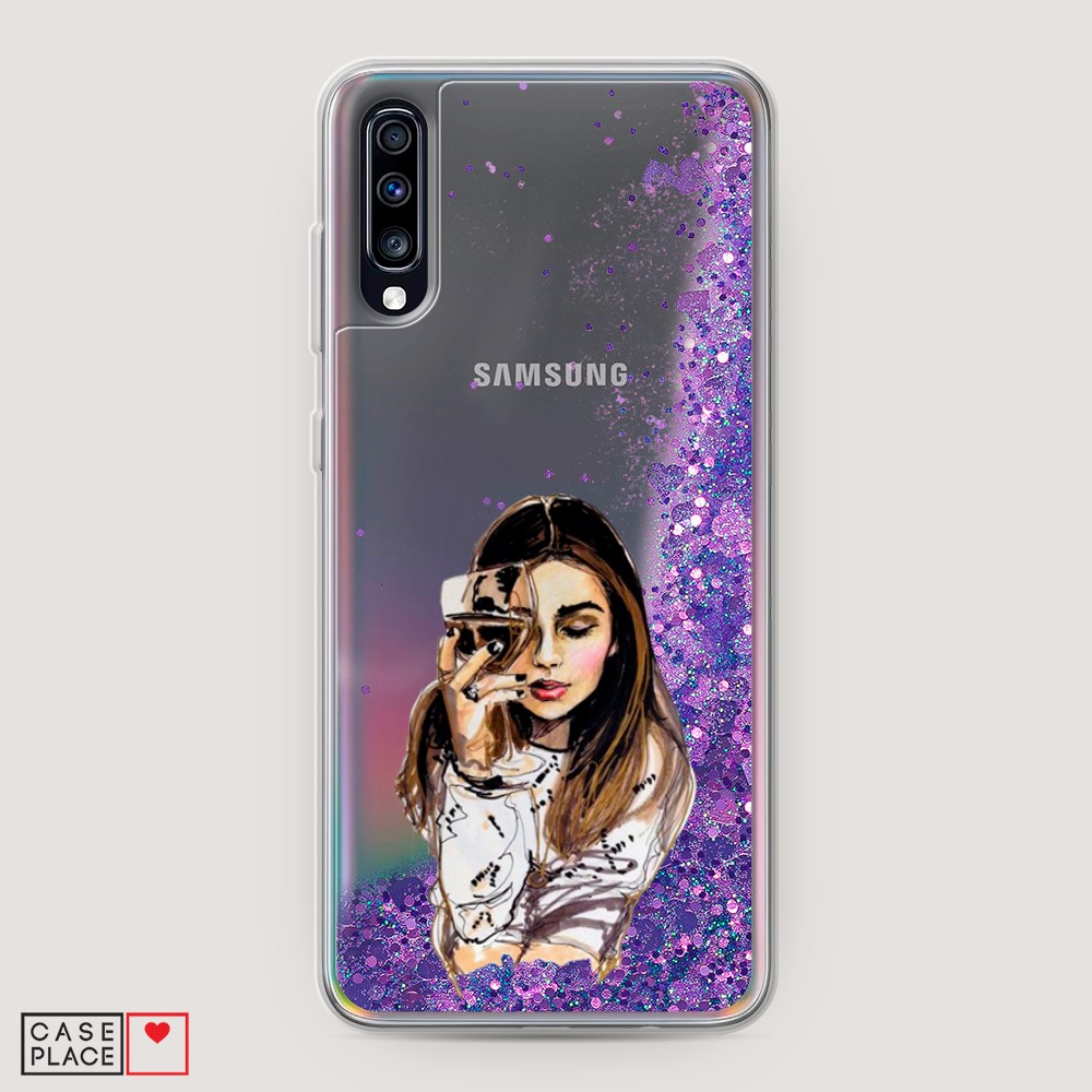 

Жидкий чехол с блестками "Девушка с бокалом" на Samsung Galaxy A70, 28192-1