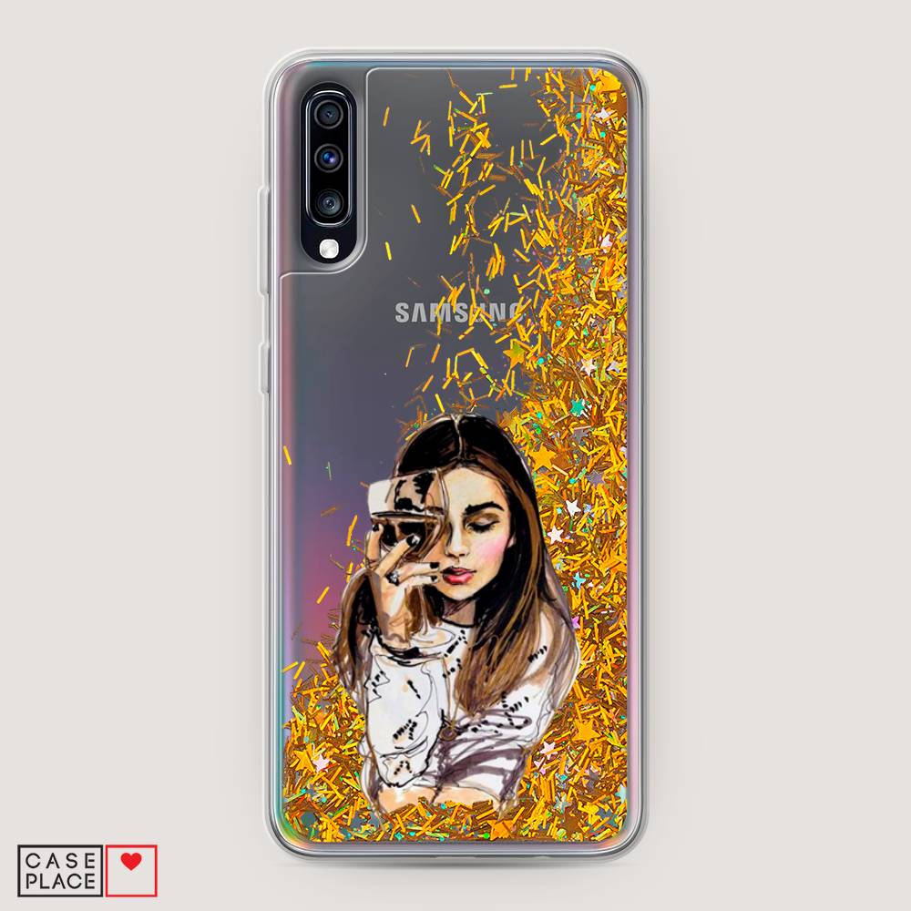 

Жидкий чехол с блестками "Девушка с бокалом" на Samsung Galaxy A70, 28190-1