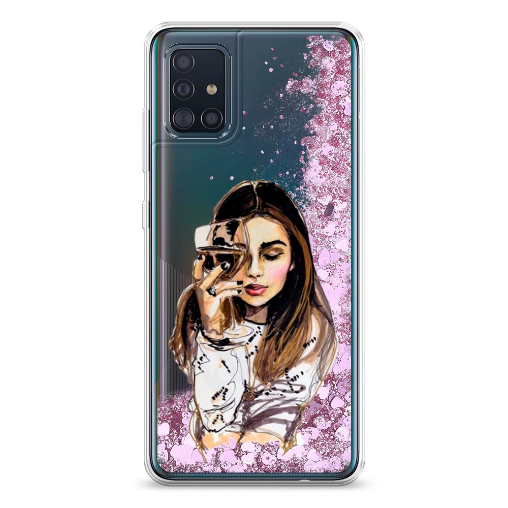 

Жидкий чехол с блестками "Девушка с бокалом" на Samsung Galaxy A51, 28994-1