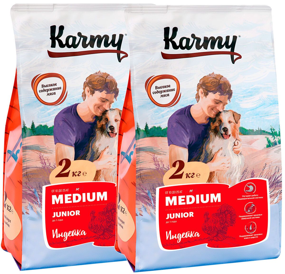 Сухой корм для щенков Karmy Medium Junior, для средних пород, индейка, 2 шт по 2 кг