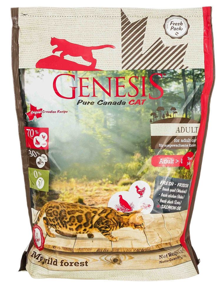 Сухой корм для кошек Genesis Wild Forest Adult утка, перепелка и курица, 2 шт по 2,268 кг