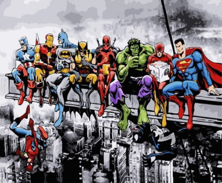 

Картина по номерам Две картинки Все герои Marvel на подрамнике 40x50, Все герои Marvel