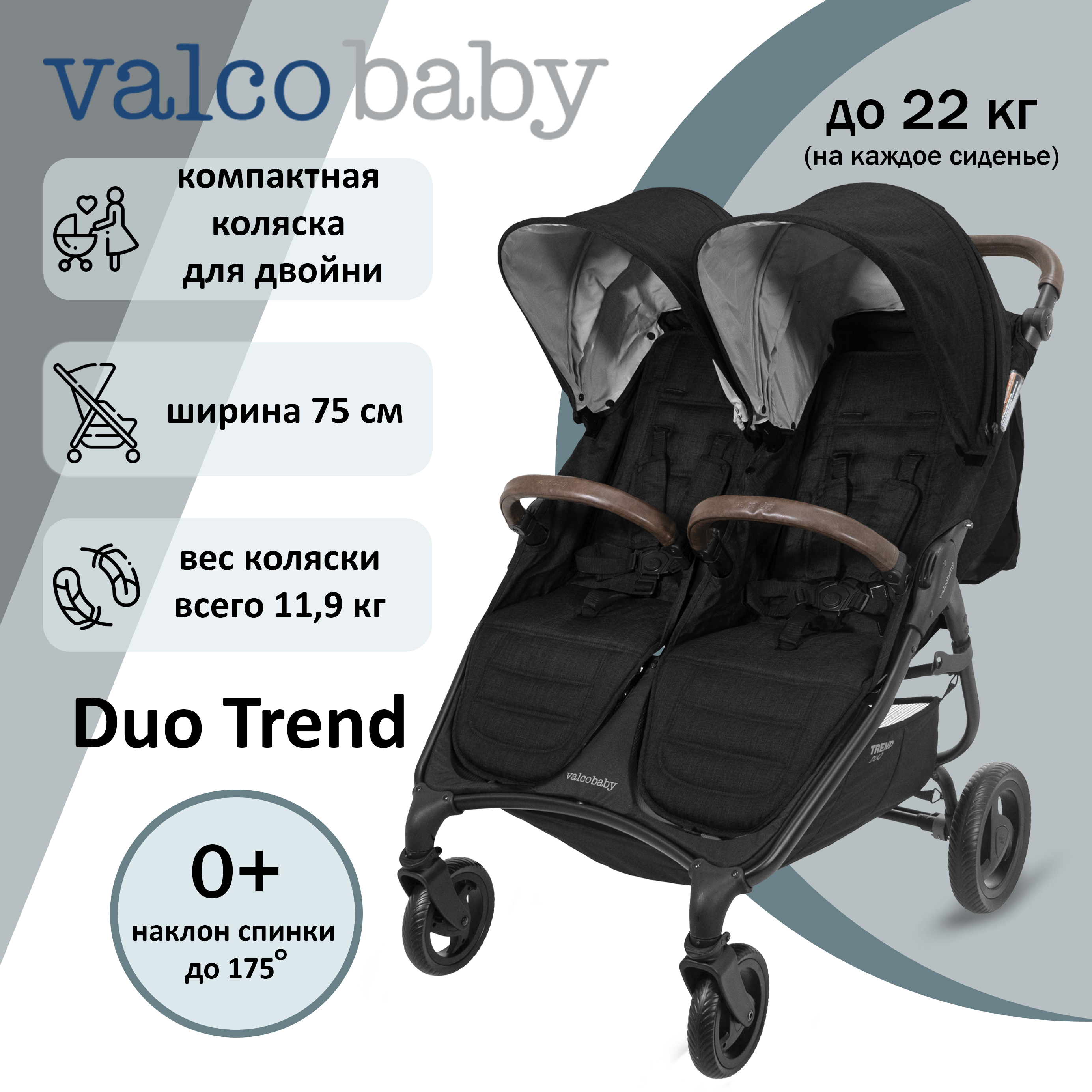 Прогулочная коляска для двойни всесезонная Valco Baby Snap Duo Trend Night