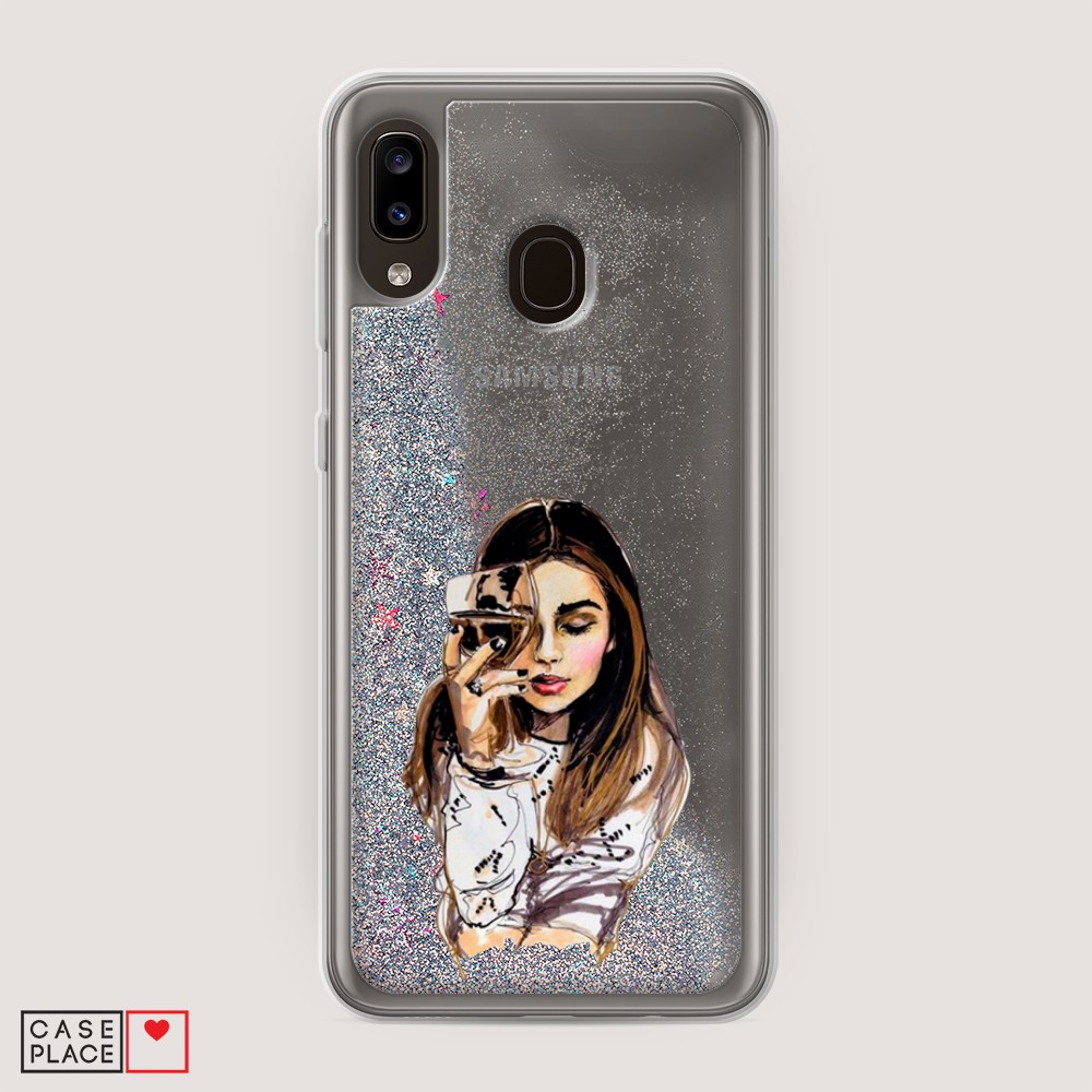 

Жидкий чехол с блестками "Девушка с бокалом" на Samsung Galaxy A20, 27691-1