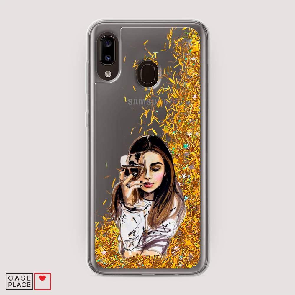 

Жидкий чехол с блестками "Девушка с бокалом" на Samsung Galaxy A20, 27690-1