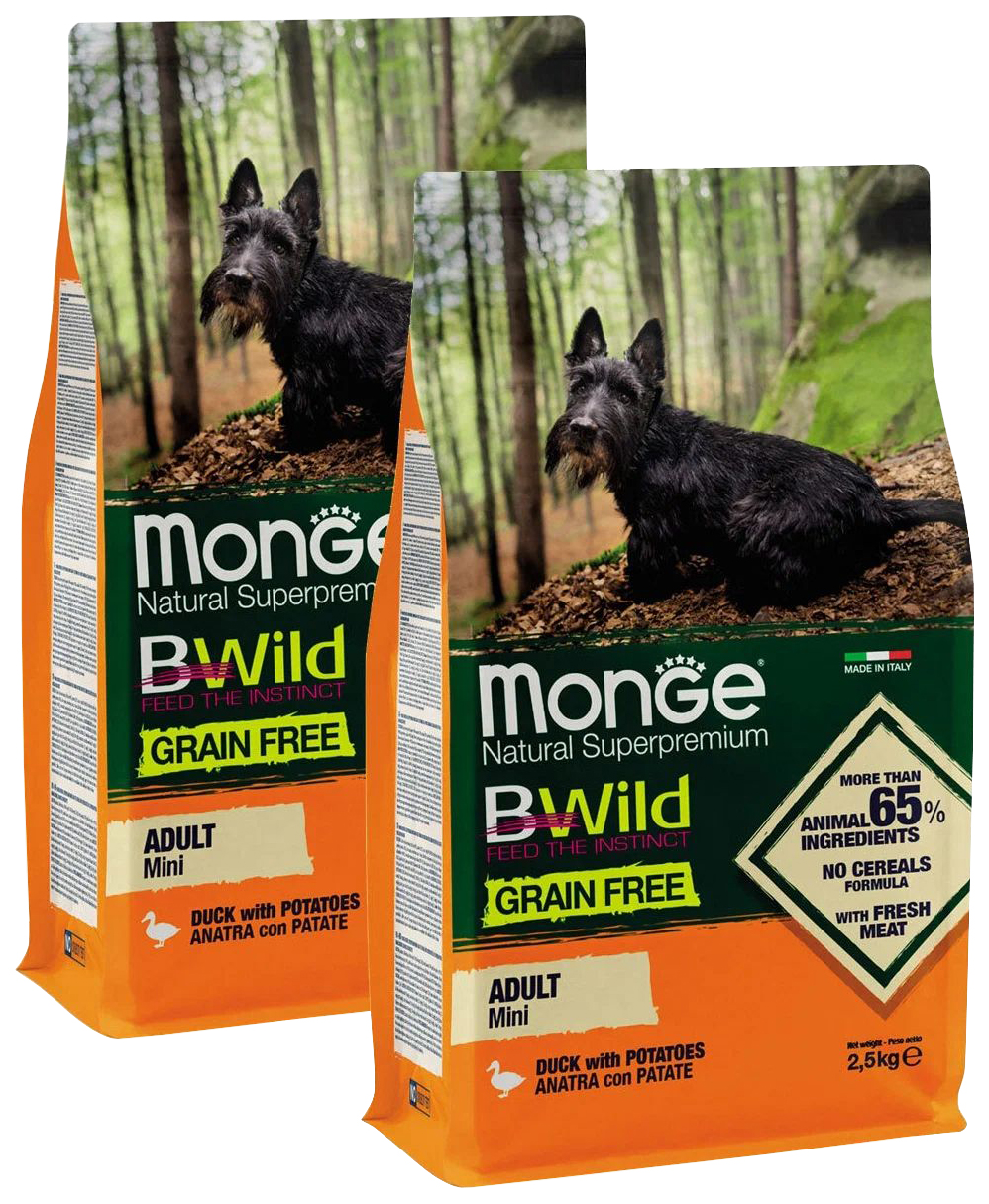 

Сухой корм для собак Monge BWild Adult mini, утка и картофель, 2 шт по 2,5 кг