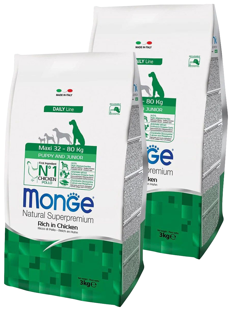 

Сухой корм для собак Monge Daily Line Maxi Puppy&Junior, курица, 2 шт по 3 кг