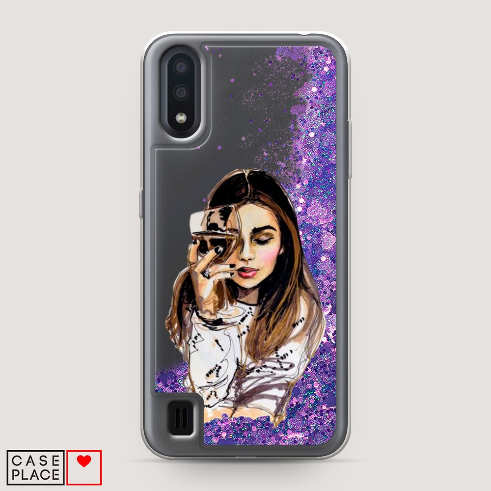 

Жидкий чехол с блестками "Девушка с бокалом" на Samsung Galaxy A01, 29592-1