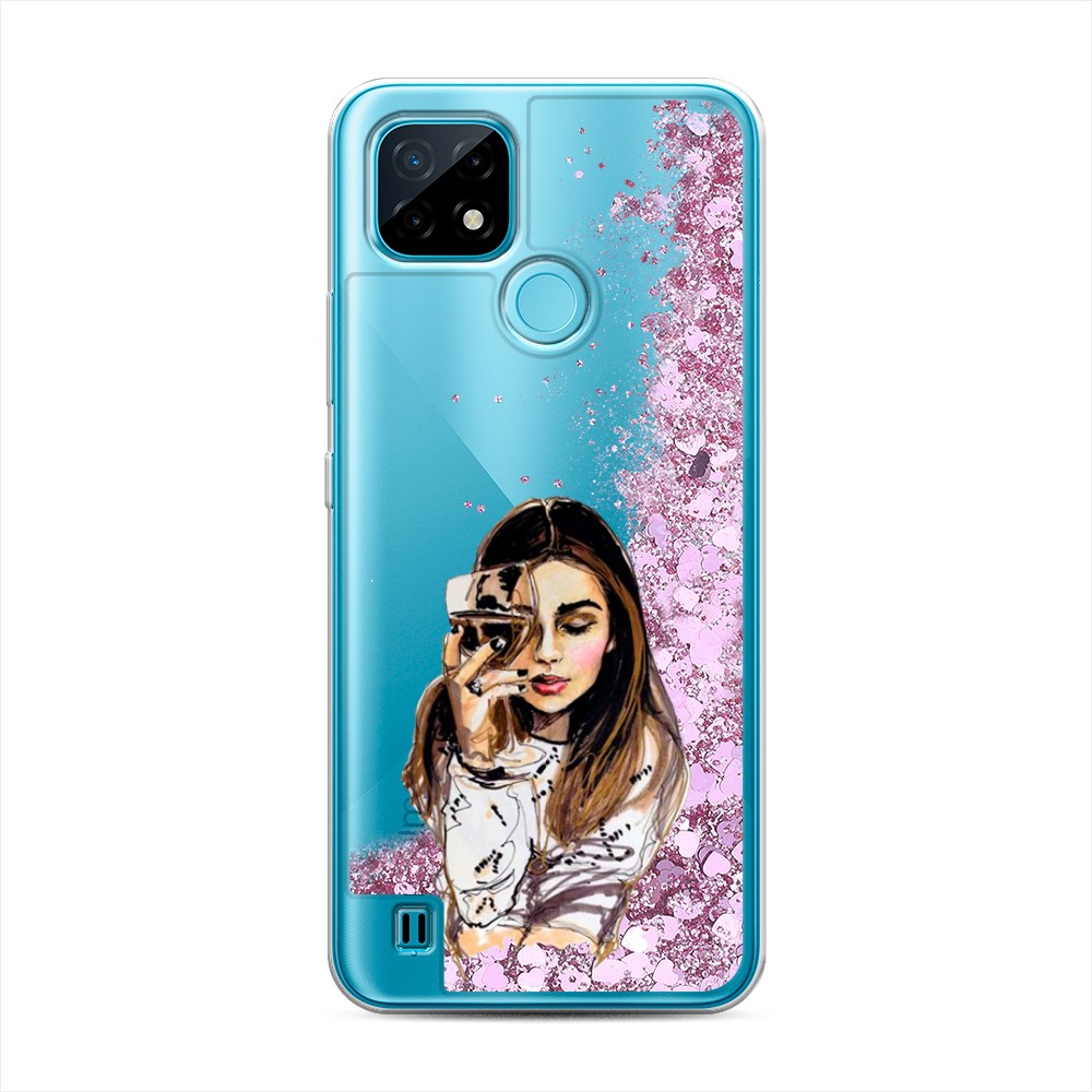 

Жидкий чехол с блестками "Девушка с бокалом" на Realme C21, 254994-1