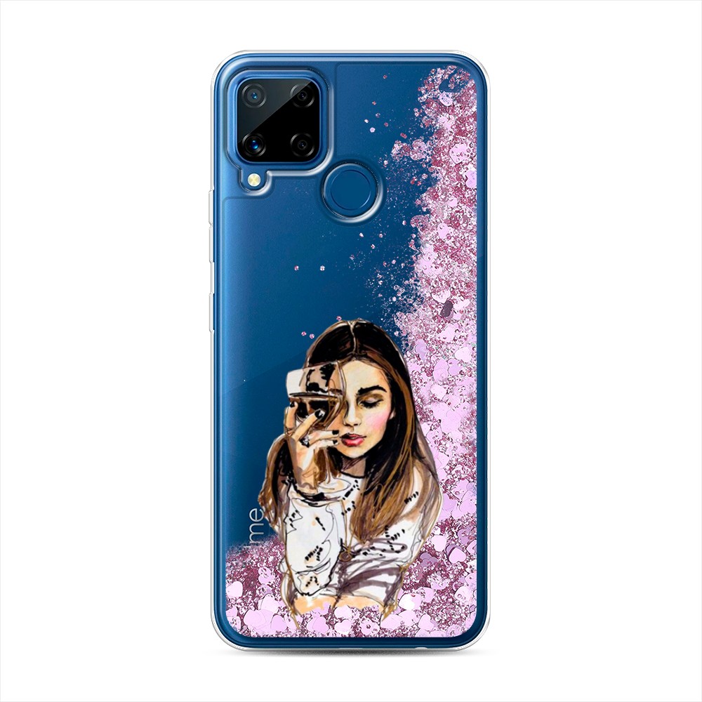 

Жидкий чехол с блестками "Девушка с бокалом" на Realme C15, 255094-1