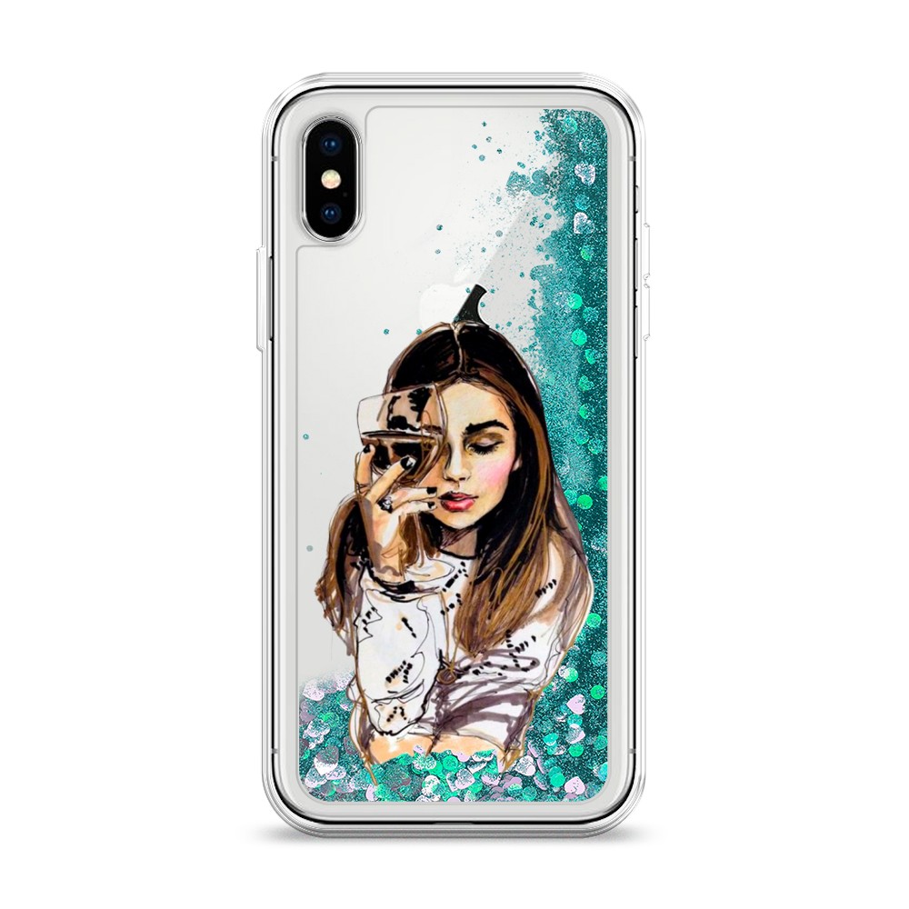

Жидкий чехол с блестками "Девушка с бокалом" на Apple iPhone XS (10S), 11895-1