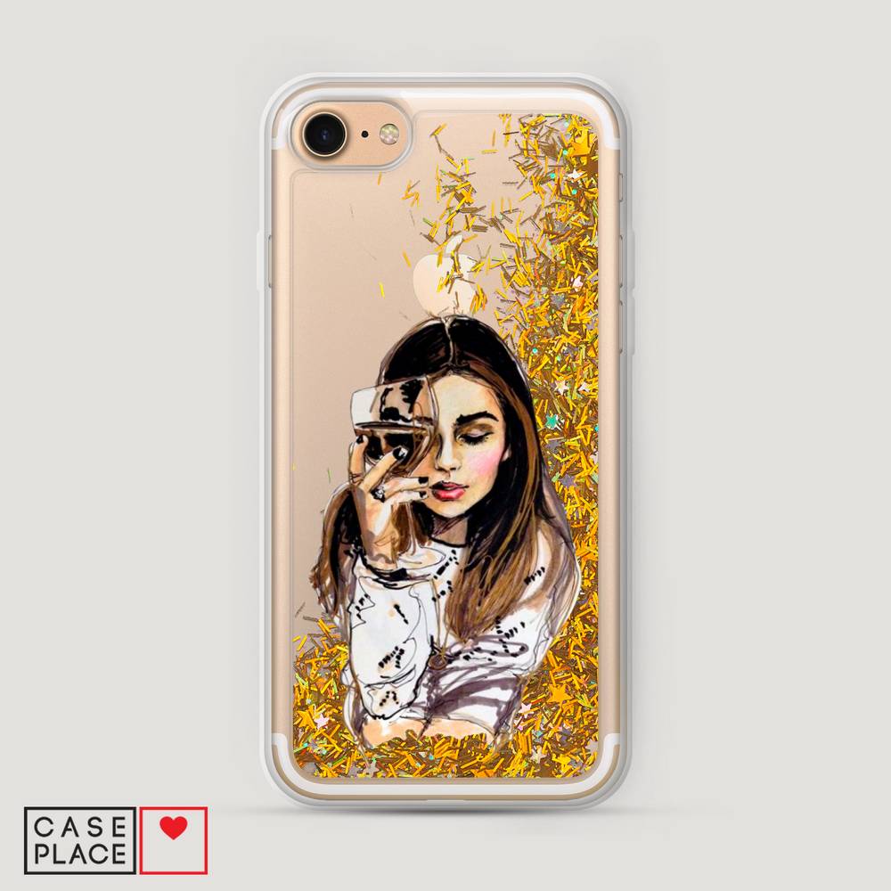 

Жидкий чехол с блестками "Девушка с бокалом" на Apple iPhone 8, 10890-1