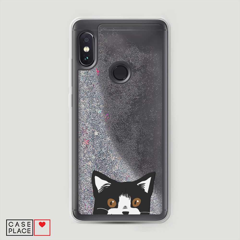 фото Жидкий чехол с блестками "подглядывающий кот" на xiaomi redmi note 5 awog