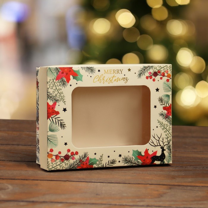 

Коробка складная, крышка-дно, с окном MERRY CHRISTMAS 16,5 х 12,5 х 5,2 см 5 шт., Бежевый