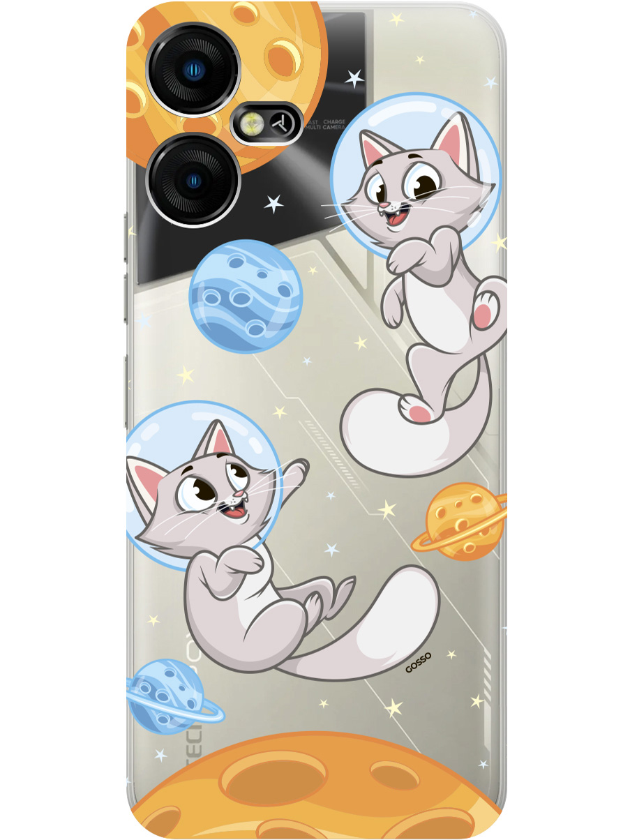 

Силиконовый чехол на Tecno Pova Neo 3 "CosmoCats", Прозрачный;оранжевый;серый, 20001480