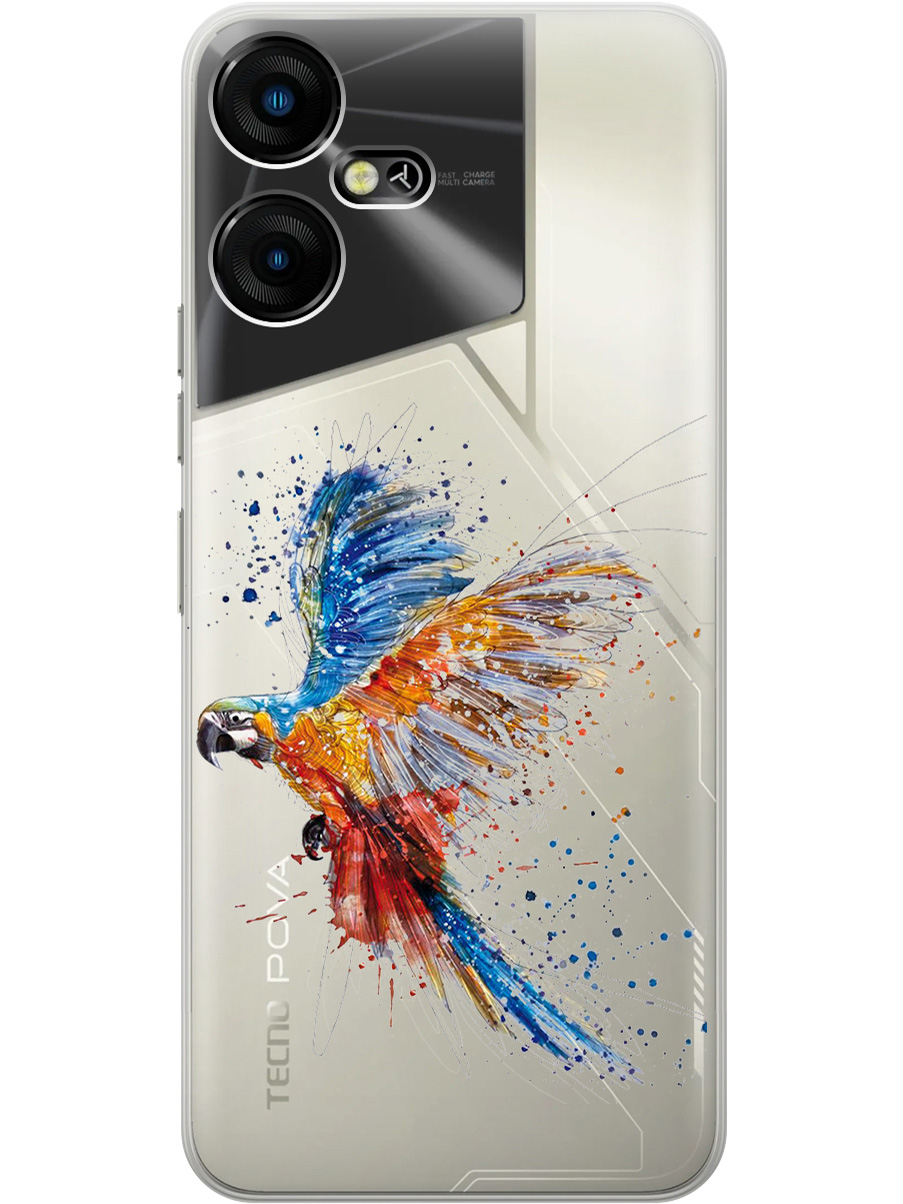 

Силиконовый чехол на Tecno Pova Neo 3 "Colorful Parrot", Прозрачный;голубой;оранжевый, 20001480