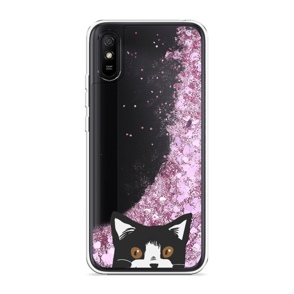

Жидкий чехол с блестками "Подглядывающий кот" на Xiaomi Redmi 9A, 38994-1