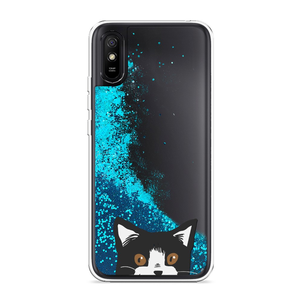 

Жидкий чехол с блестками "Подглядывающий кот" на Xiaomi Redmi 9A, 38993-1
