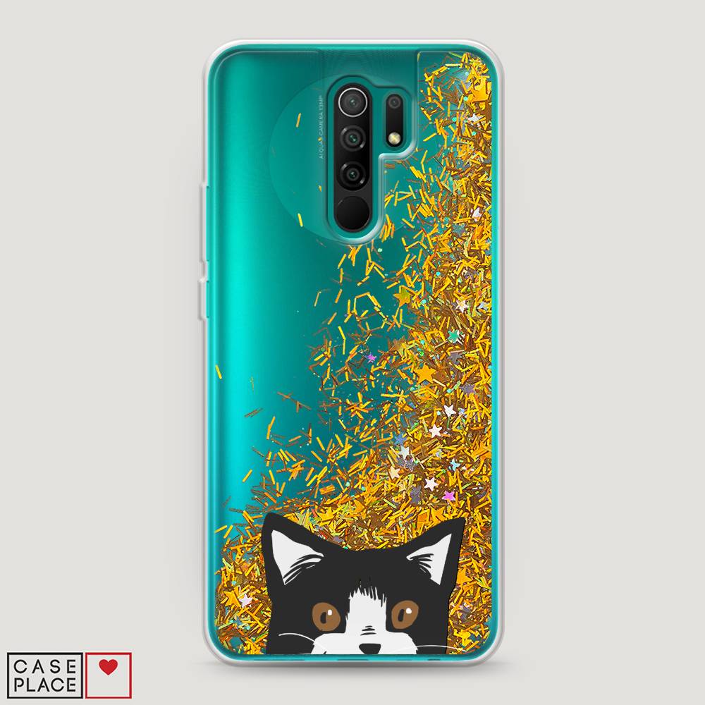 

Жидкий чехол с блестками "Подглядывающий кот" на Xiaomi Redmi 9, 38390-1