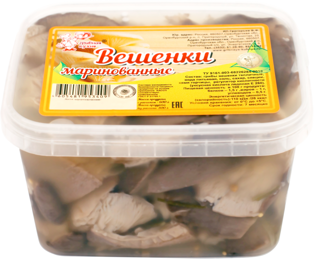

Грибы Вешенки Грибная кухня маринованные 500 г