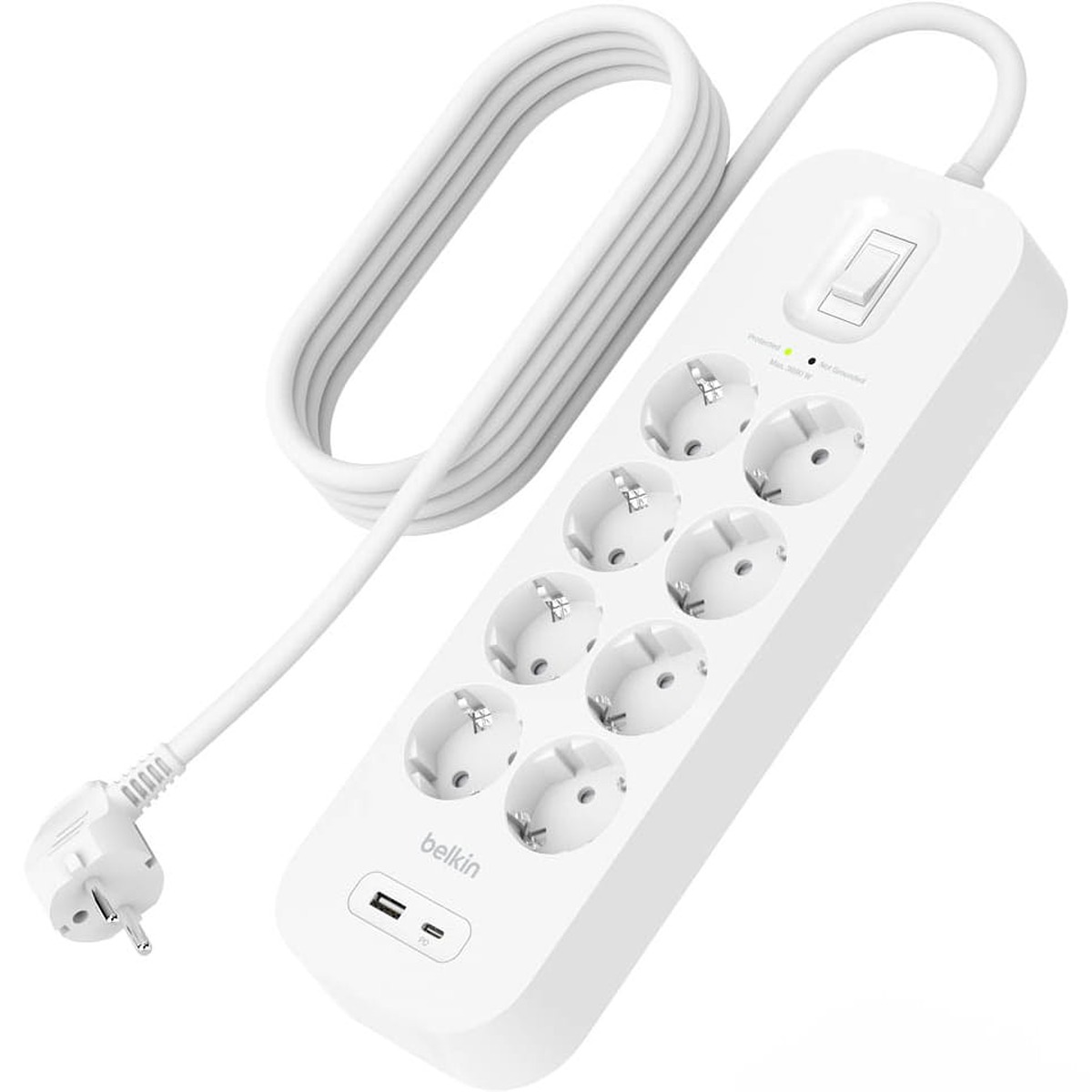 фото Сетевой фильтр belkin 4x, 8 розеток, 1 usb-a, 1 usb-c, 900j , 2 метра, белый srb003vf2m