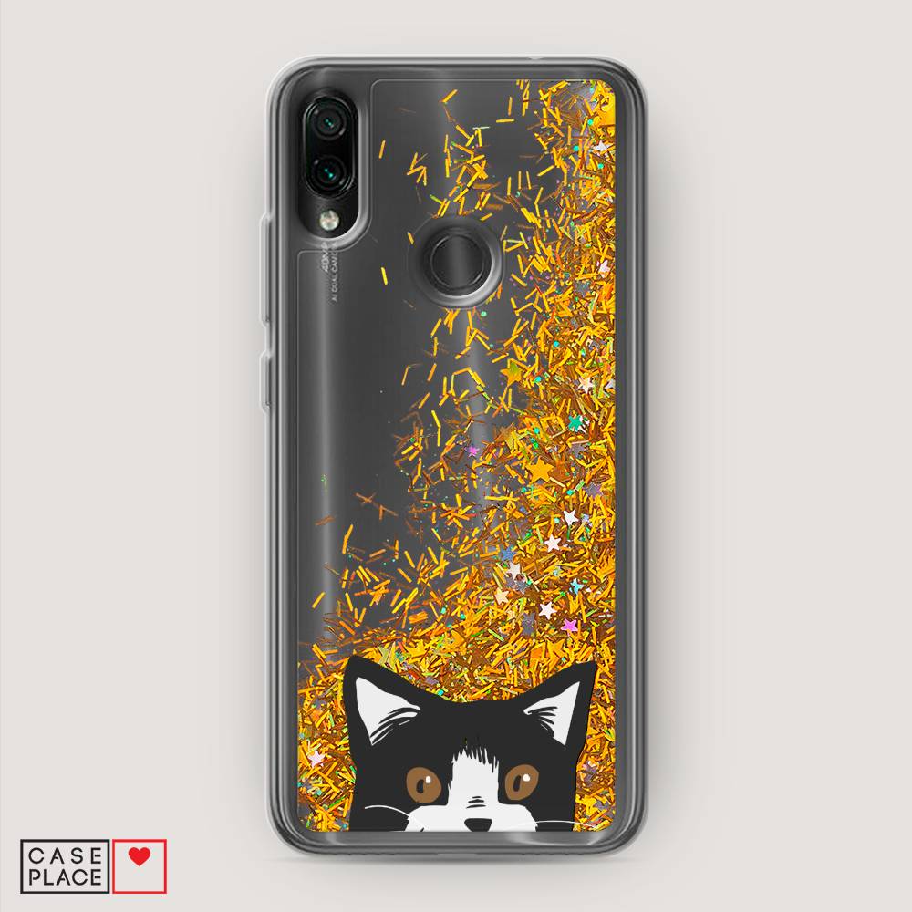 

Жидкий чехол с блестками "Подглядывающий кот" на Xiaomi Redmi 7, 35090-1