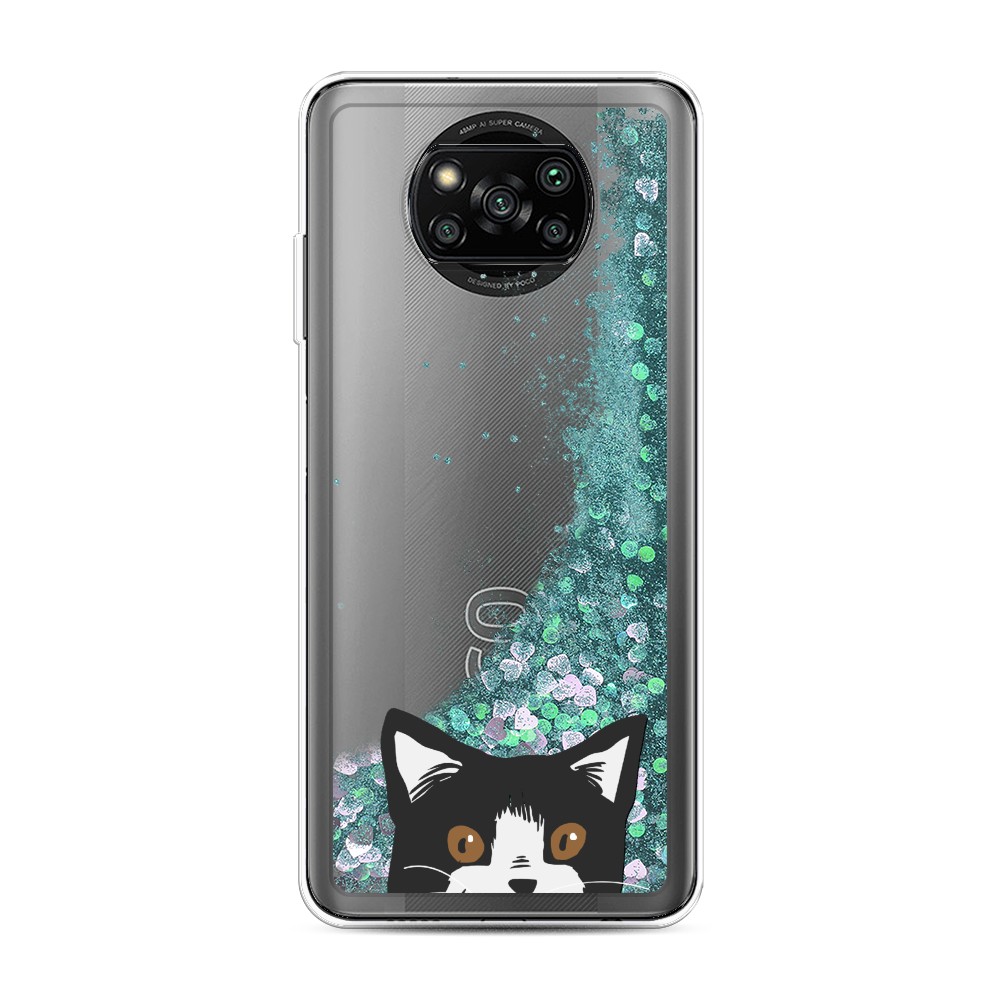 

Жидкий чехол с блестками "Подглядывающий кот" на Xiaomi Poco X3 Pro, 310695-1